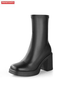 Ankis Women's Ankle Gogo Boots Platform Chunky Heel Y2K Side Zipper PU Leather